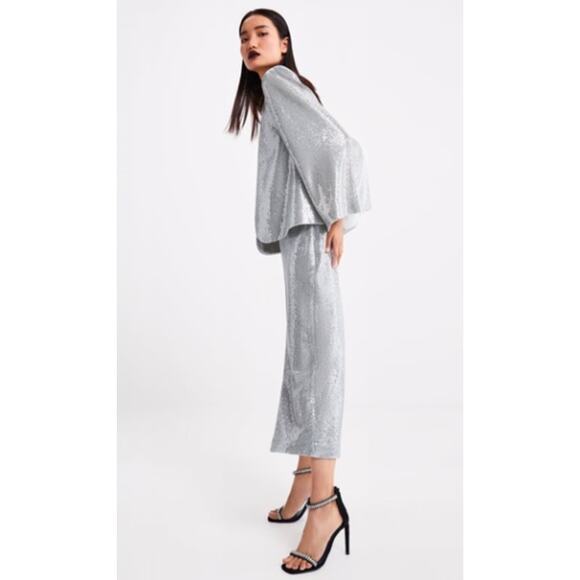 Zara Silver Sequin Cape & High-Rise Culottes Cropped Pants Set NWT- Size S - Picture 2 of 12